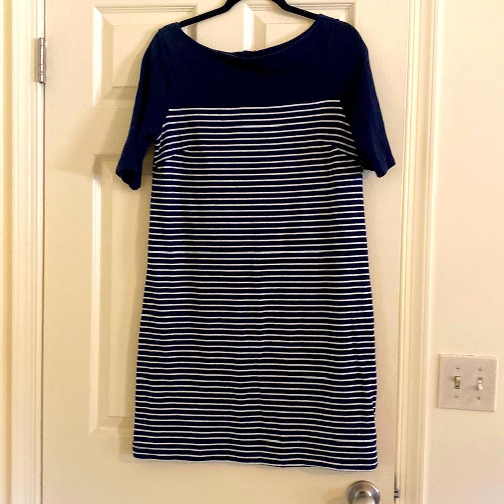 Cotton Navy and White striped shift dress with pink zipper detail on the back.